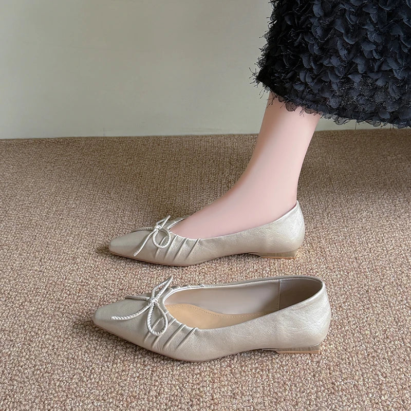 Leisure Pumps Women Basic Slip on Square Low Heels Pointed Toe Shoes Woman Solid Butterfly Knot Women Pumps Plus Size