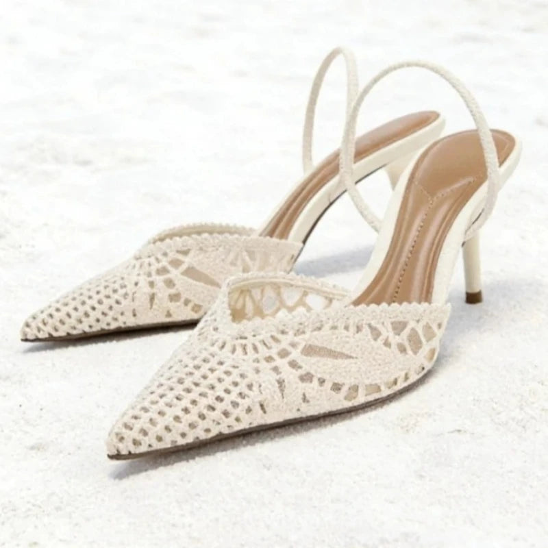 Novely Hollow Woven Design Heels for Ladies Sexy Pointed Toe Slingback Summer High-heeled Sandals Elegant Designer Dress Shoes