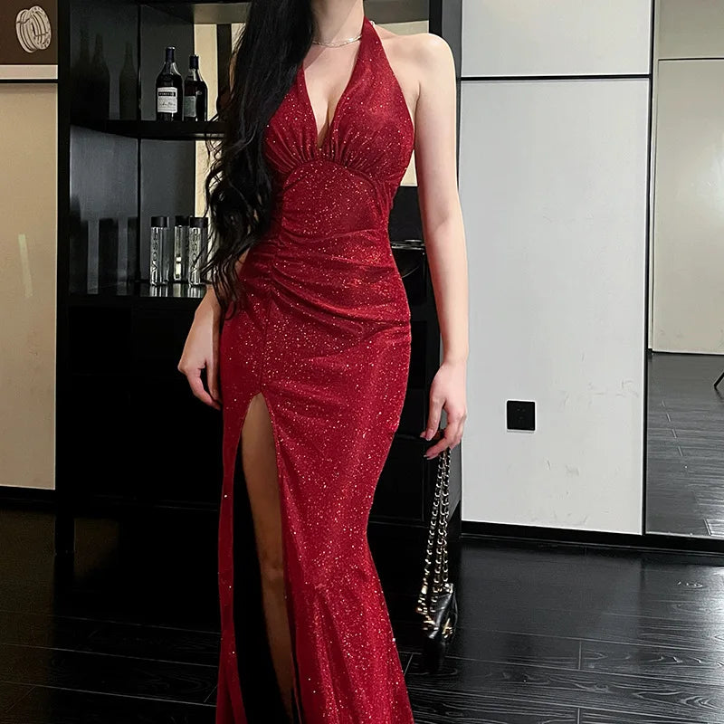 Women's V-neck Hanging Neck Shiny Sexy Long Dresses Evening Dress Vestidos De Mujer Elegantes