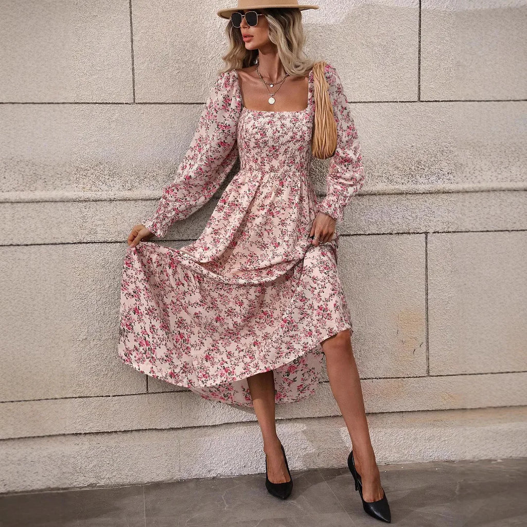 Women's Casual Dresses Puff Sleeve Floral Print Fashion Trendy Temperament Elegant Vintage Commuting All-match Backless Vestidos
