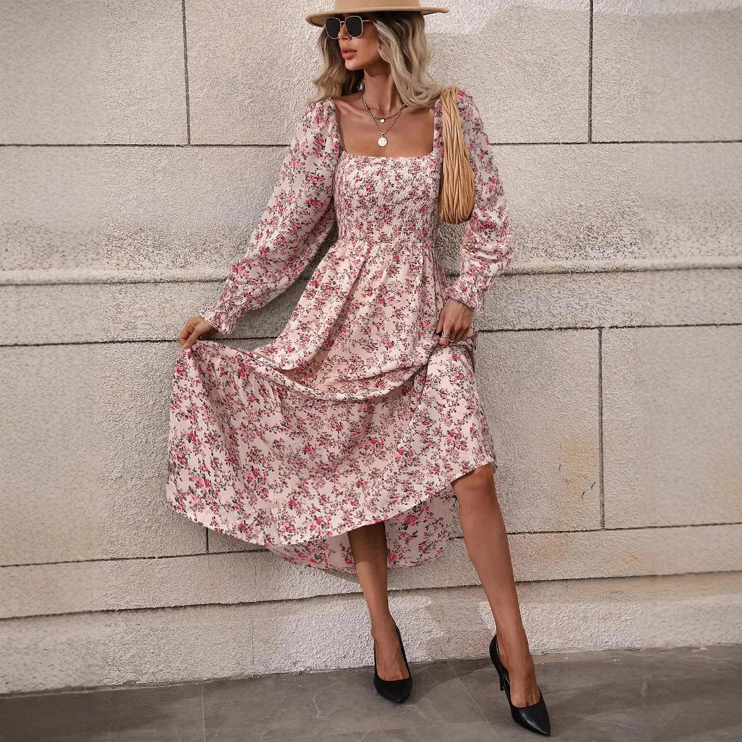 Women's Casual Dresses Puff Sleeve Floral Print Fashion Trendy Temperament Elegant Vintage Commuting All-match Backless Vestidos