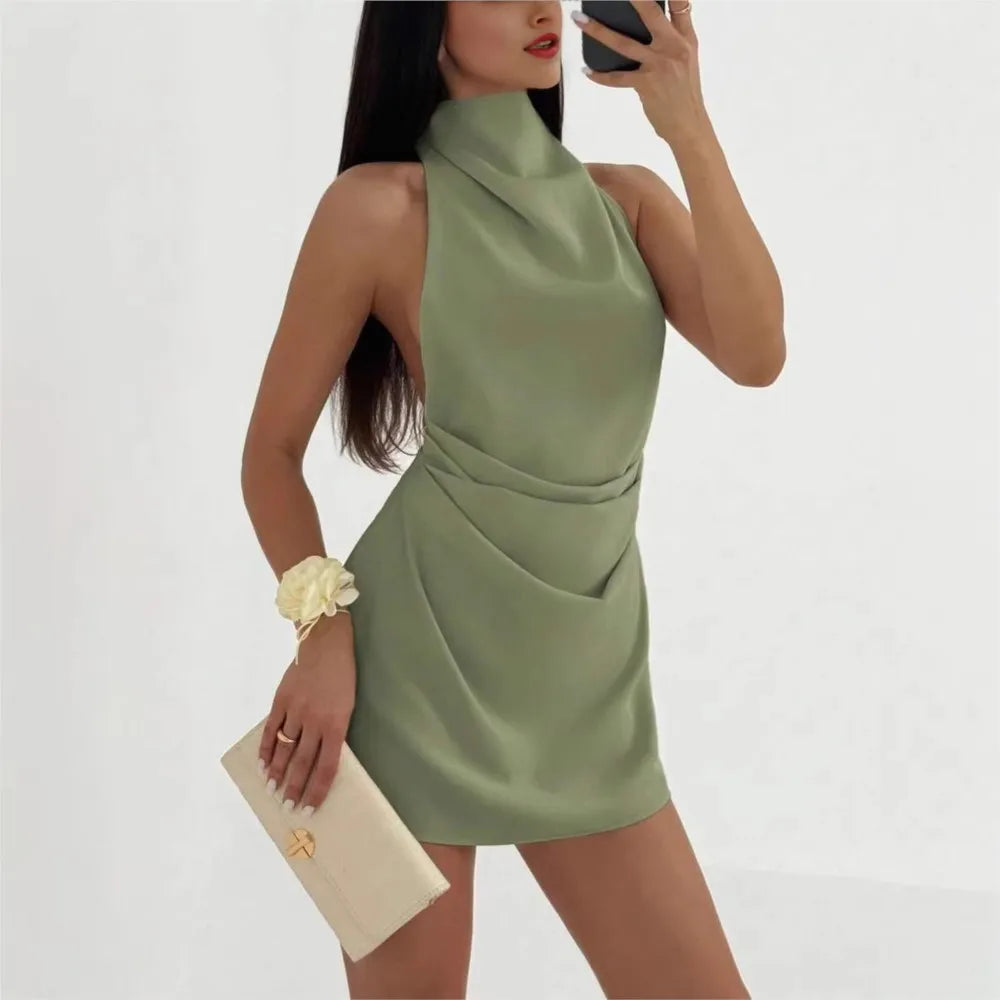 Sexy Sleeveless Dress Women Summer New Simple Party Dress High Neck Strappy Backless Short Dress Vestidos De Fiesta Elegantes
