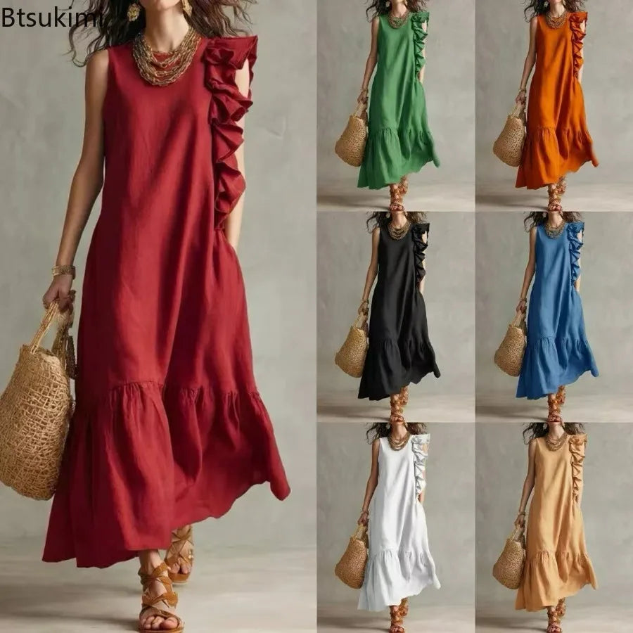 Women's Summer Irregular Ruffled Sleeveless Dress Casual Round Neck Solid Color Loose Long Dress Vestidos De Fiesta Elegantes