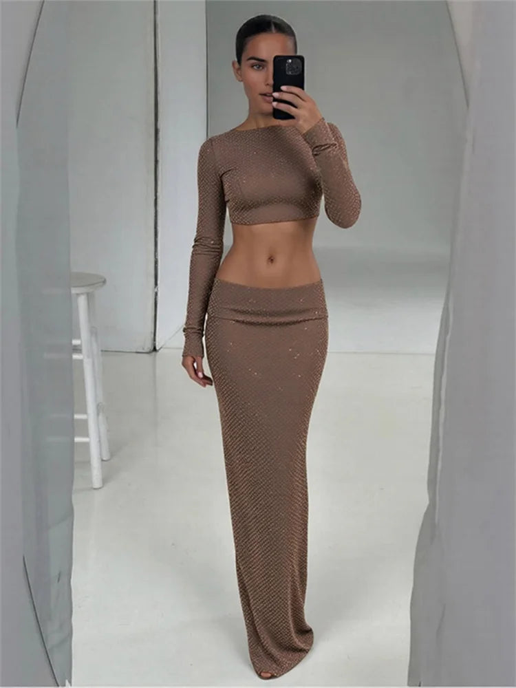 Nibber Waistless Long Dress Woman o-Neck Full Sleeve Rhinestone Decoration Backless Design Midnight Prom Party Elegant Vestidos