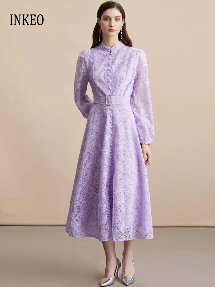 Elegant Lace embroidery Midi dress with belt Women's 2026 Spring summer Luxury Single breasted long sleeve dresses INKEO 5D271