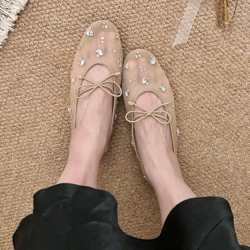 Summer Elegant Women's Sparkly Rhinestone Bow Mesh Block Low Heels Square Toe Ballet Pumps Wedding Party Dress Shoes For Ladies