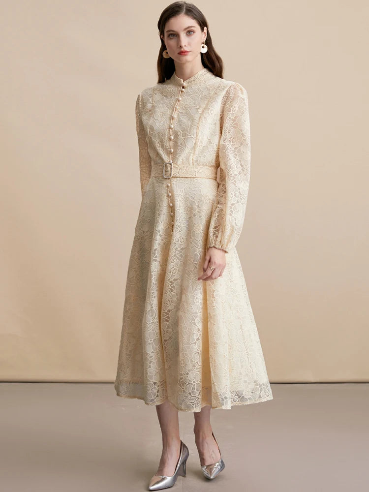 Elegant Lace embroidery Midi dress with belt Women's 2026 Spring summer Luxury Single breasted long sleeve dresses INKEO 5D271