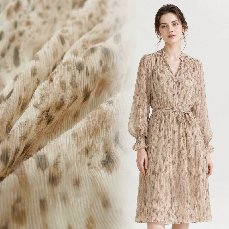 Semi-transparent, draping, light brown printed pleated textured fabric for dresses, shirts, pants, cheongsams, designer fabricsA