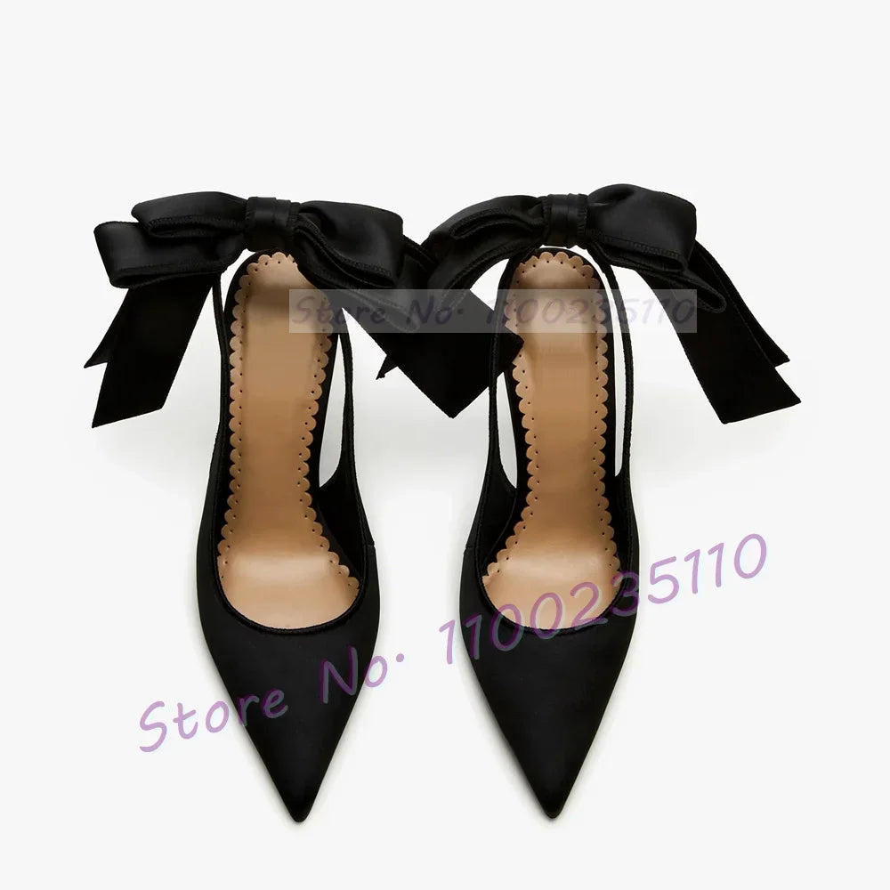 White Sleek Satin Pointed Toe Slingback Sandals Women Feminine Bow Detail Stiletto Shoes Office Lady Wedding Elegant Party Shoes