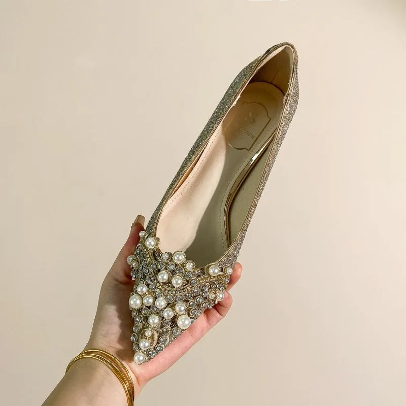 High-end Rhinestone Block Heel Single Shoes Fashion Pointed Toe Shallow Mouth Slip-on Non-Slip Low Top Shoes