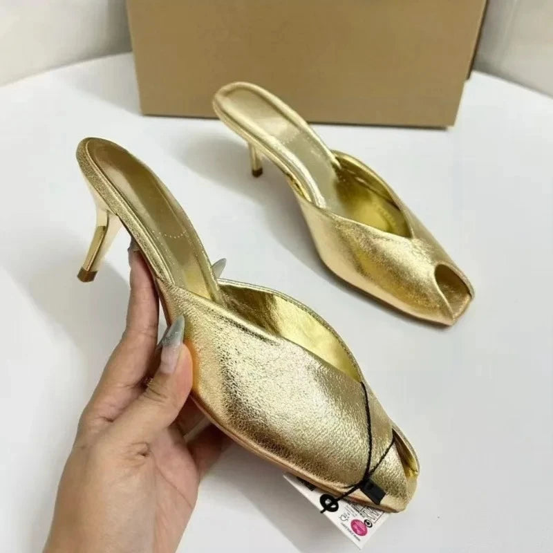 Women's Pumps Designer Gold Women Mules Sandals Luxury High Heels for Women Fashion Peep Toe Party Dress Shoe Summer Modern Shoe