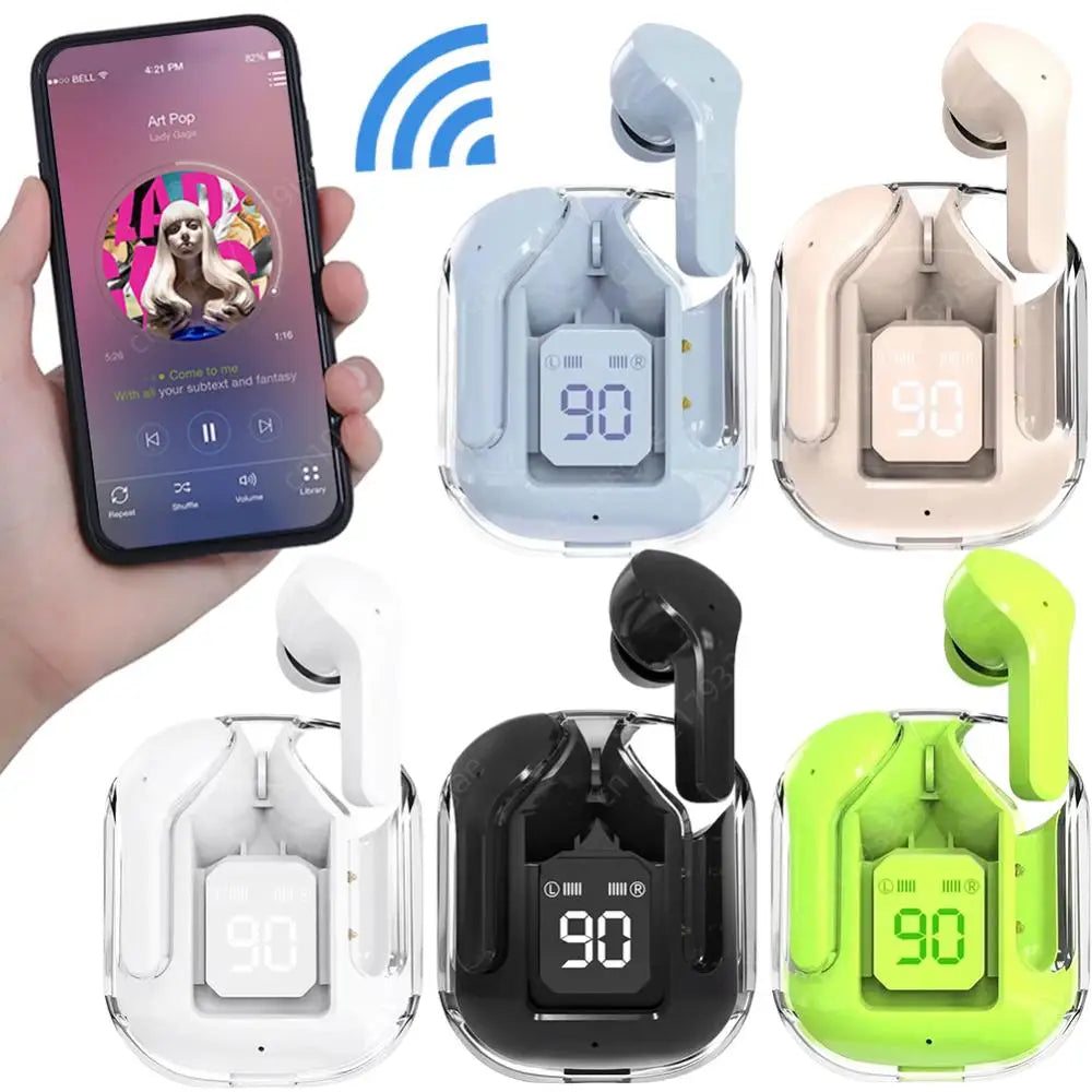 New Bluetooth 5.3 Wireless Headset Transparent Headphones LED Power Digital Display Stereo Sound Earphones for Sports Working