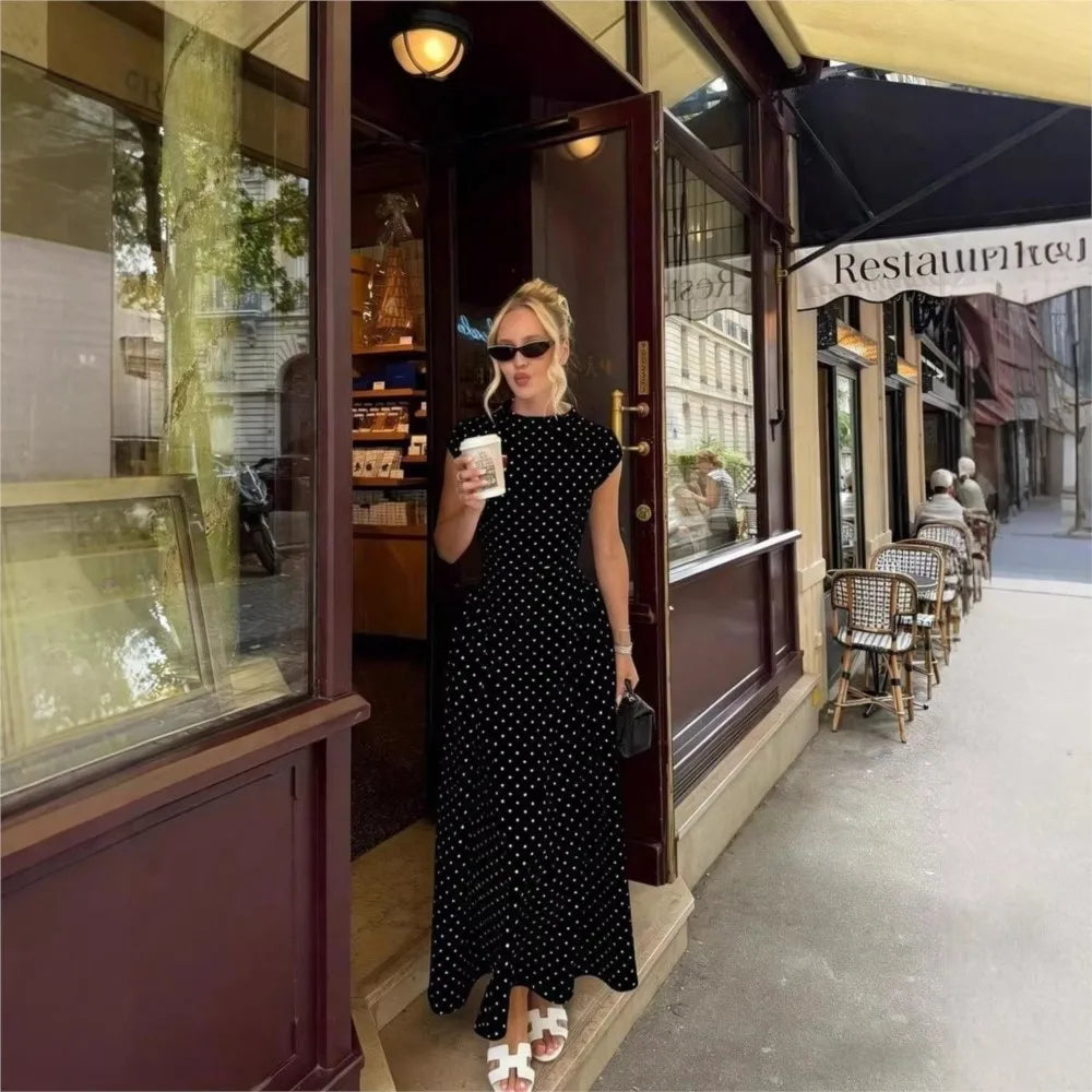 Retro Dot Print Dress Summer Women's Sleeveless Casual Round Neck Slim High Waist A-line Long Dress Vestidos De Fiesta Elegantes