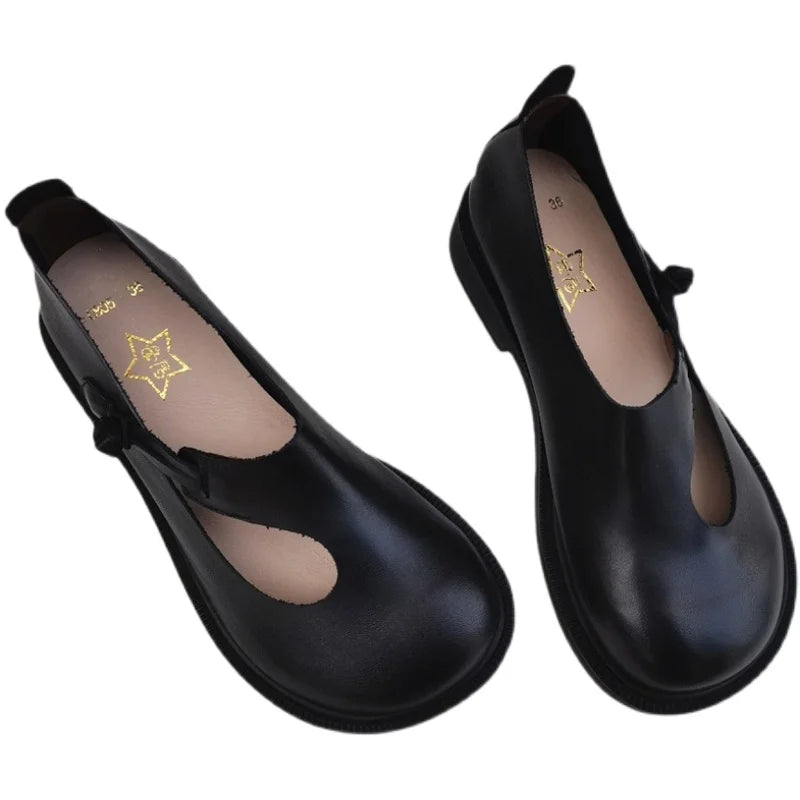 Careaymade-Genuine Leather Big Shoes Retro National Round Head Women's Shoes Original Leather Breathable Handmade Single Shoes