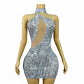 Luxurious Twinkling Silver Rhinestones Elegant Trim fit Mesh Dress Women Evening Party Celebrate Gown Show Fashion Outfit Yueya