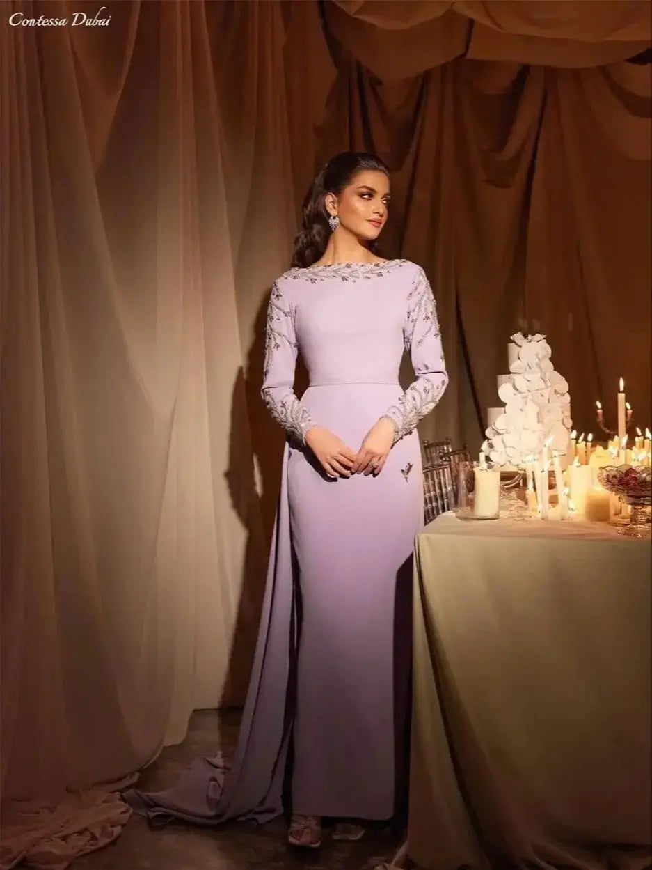 Contessa Custom evening dress prom dress elegant lilac crepe gown bateau neck long sleeve beaded sleeves train for wedding guest