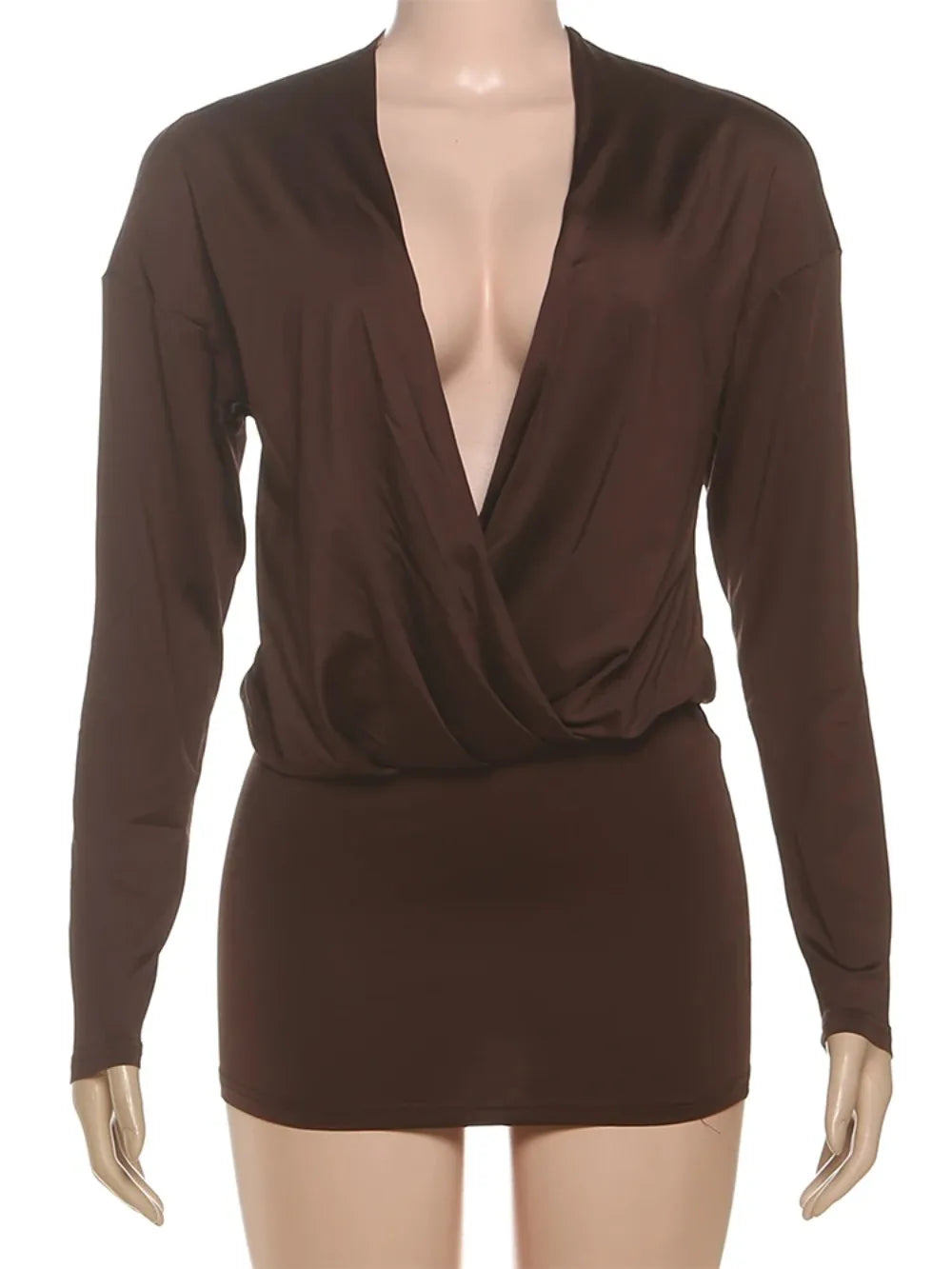 Women's Elegant Deep V-Neck Mini Dress Full Sleeve Skinny Peach Hip Midnight Club Party Sexy Fashion Solid Bodycon