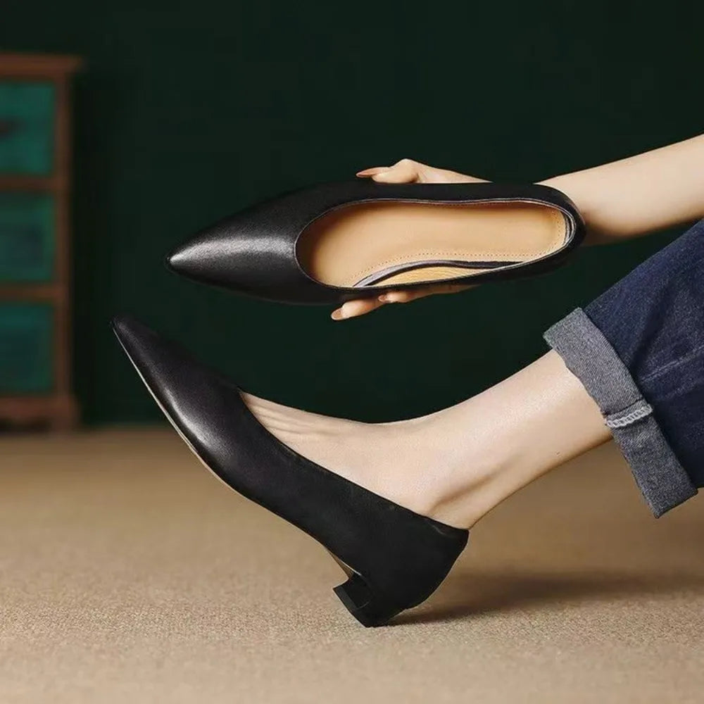 2026 New Arrival Women's Low-Heel Pumps Black Leather Formal Shoes Slip-On Commuter Comfortable Mid-Heel Pumps