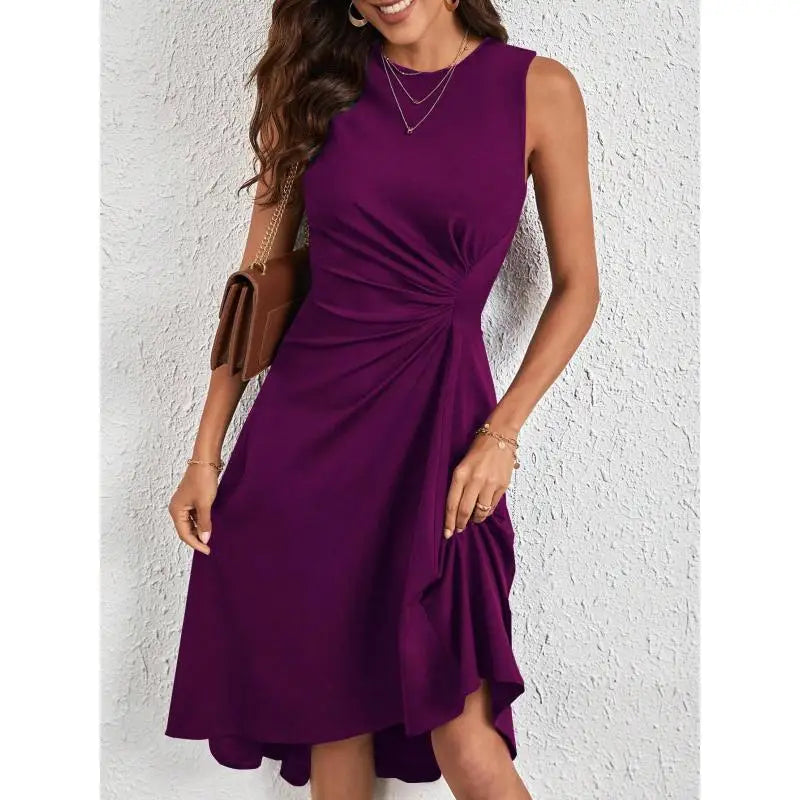 Women's Fashion Sleeveless Solid A-line Wrinkled Midi Dress Summer Female Red O-neck Party Dresses Vestidos Elegantes Para Mujer