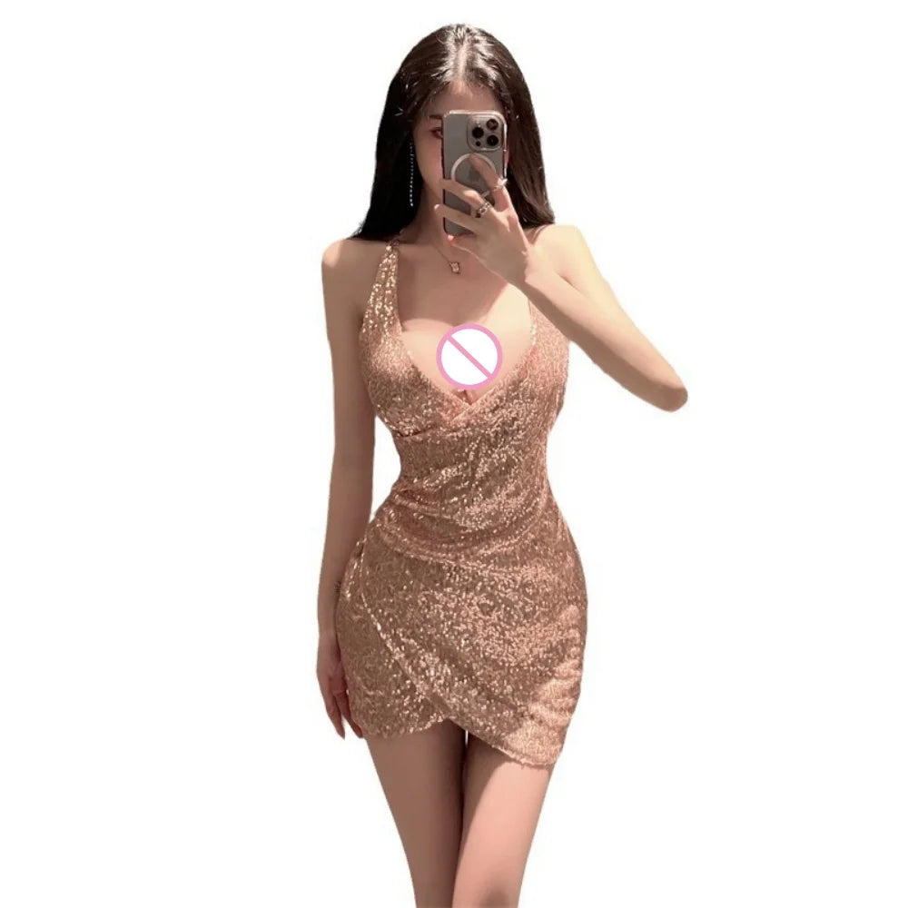 Gold Sequin Halter Bodycon Mini Dress – Sexy Clubwear, Irregular Hem, Wedding Guest & Night Out