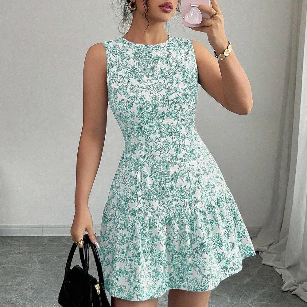Ropas De Mujeres Print Dresses Vestidos Elegantes Women Vest Dress Sleeveless Summer Beach Bohemian Round Neck Retro Short Dress