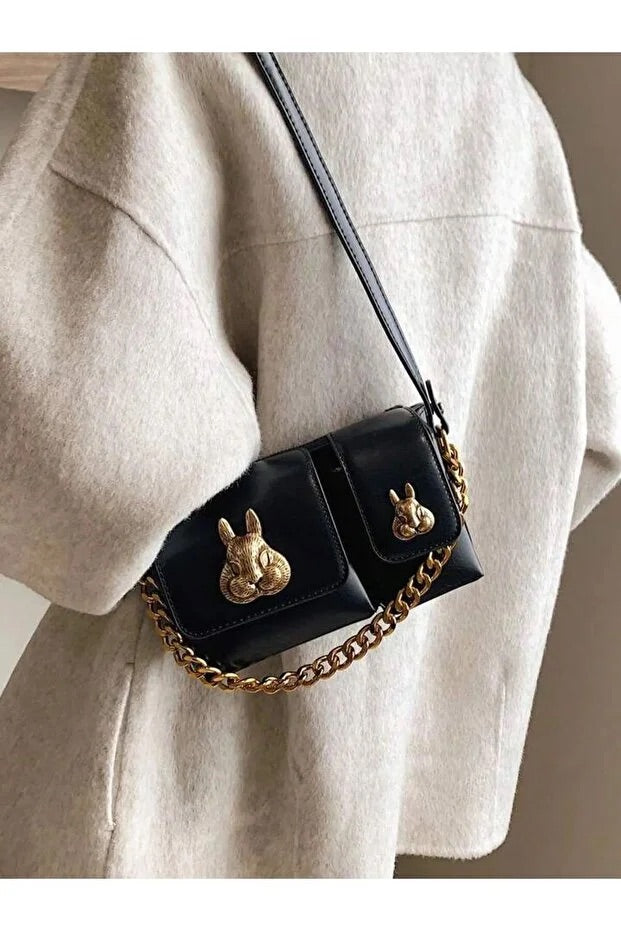 Women black baguette bag squirrel accessory design elegant shoulder