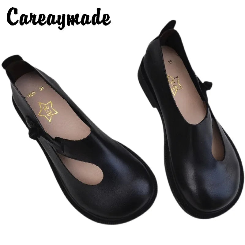Careaymade-Genuine Leather Big Shoes Retro National Round Head Women's Shoes Original Leather Breathable Handmade Single Shoes