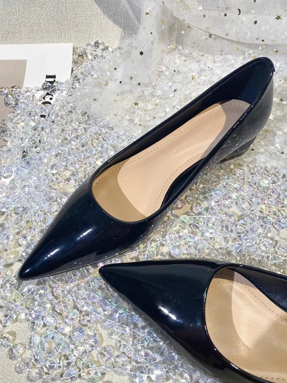 French style patent leather pointed single shoes  Pumps for women with a 3cm low heel new fashionable thick heel flat shoes