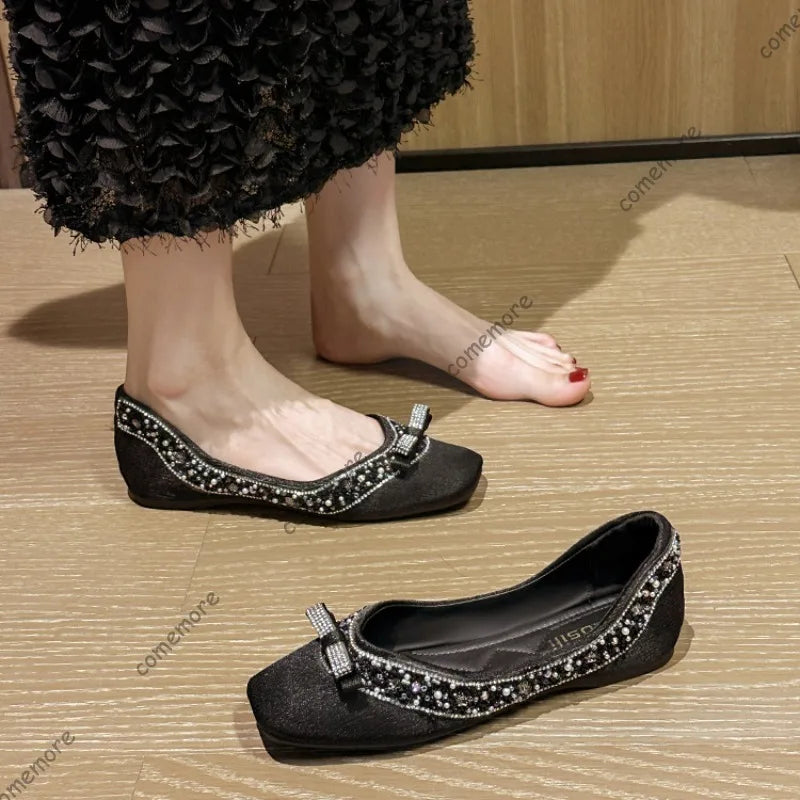 Women's Square Toe Beaded Rhinestone Bow Ballet Flats Slip‑On Casual Shoes for Woman Lightweight Low Heel Pumps Elegant Size 43