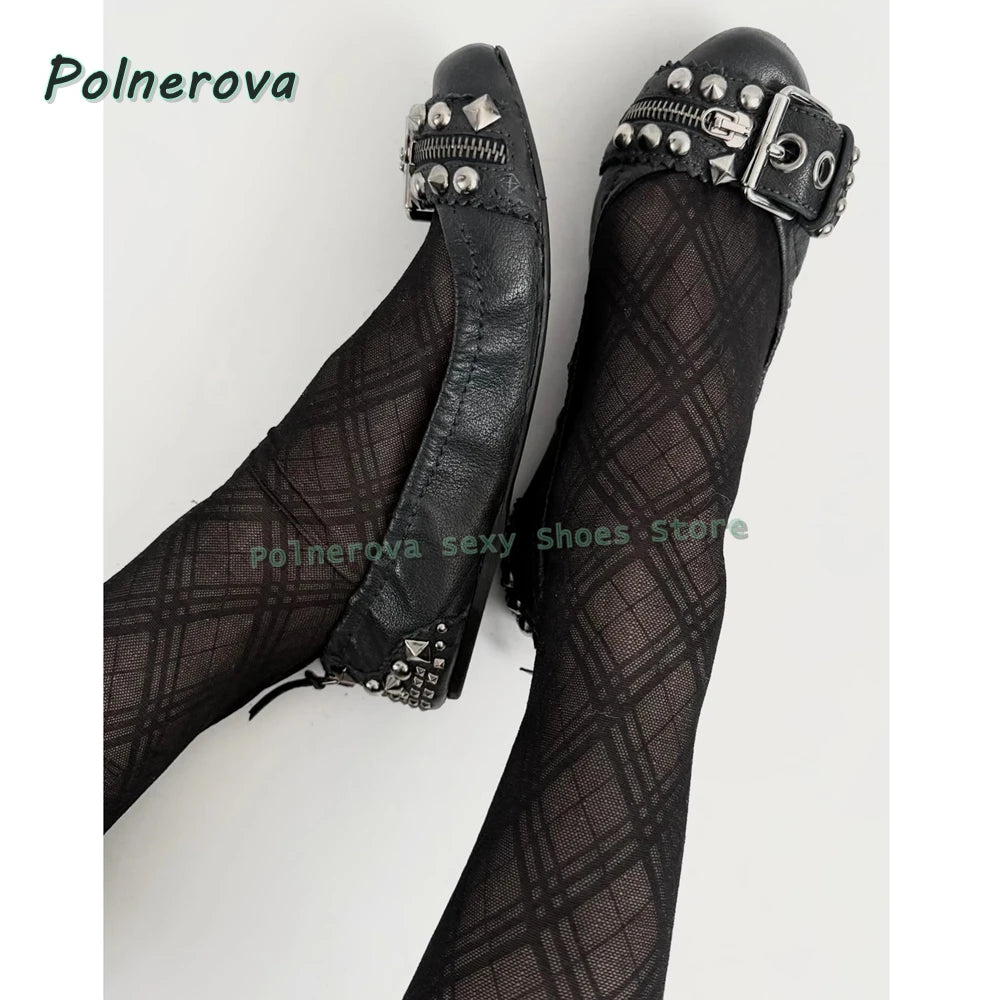 Rivet Belt Buckle Mary Jane Shoes Pointed Toe Flat with Shallow Zipper Decoration Women Fashion Pumps 2026 Spring Summer Shoes