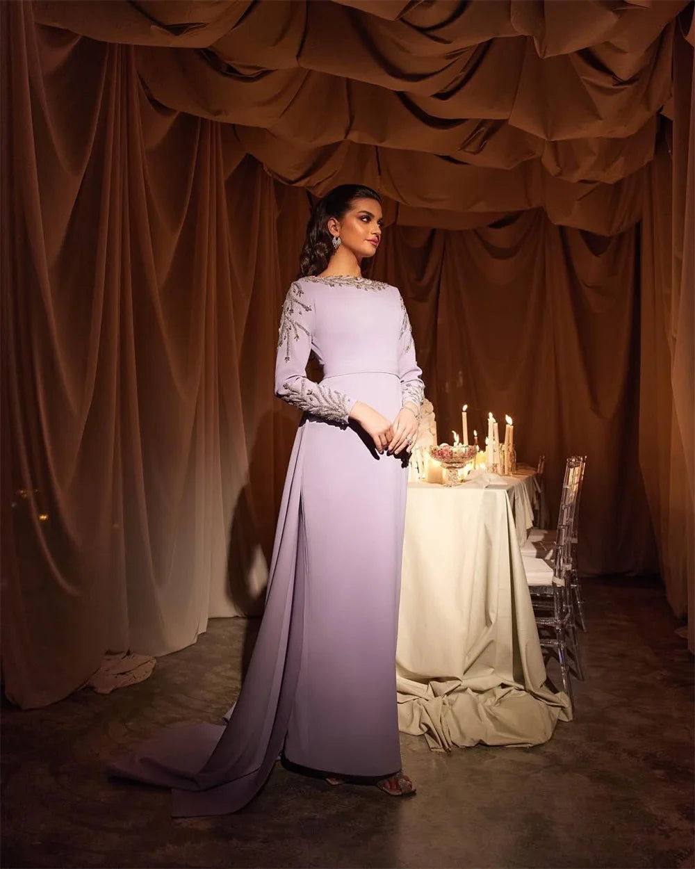 Contessa Custom evening dress prom dress elegant lilac crepe gown bateau neck long sleeve beaded sleeves train for wedding guest