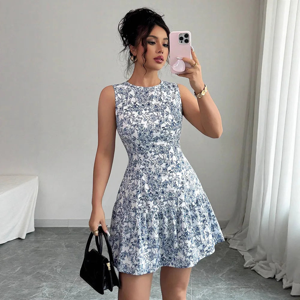 Ropas De Mujeres Print Dresses Vestidos Elegantes Women Vest Dress Sleeveless Summer Beach Bohemian Round Neck Retro Short Dress