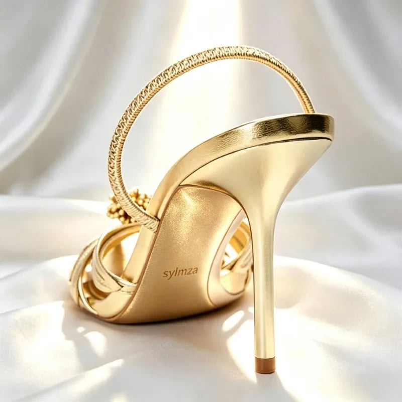 Luxury Gold Floral Detail Slingback Heels Women Unique Laminated Effect Design Pointed-Toe Heel Sandals Elegant Party Dress Shoe