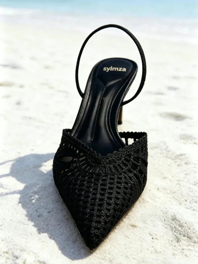 Novely Hollow Woven Design Heels for Ladies Sexy Pointed Toe Slingback Summer High-heeled Sandals Elegant Designer Dress Shoes