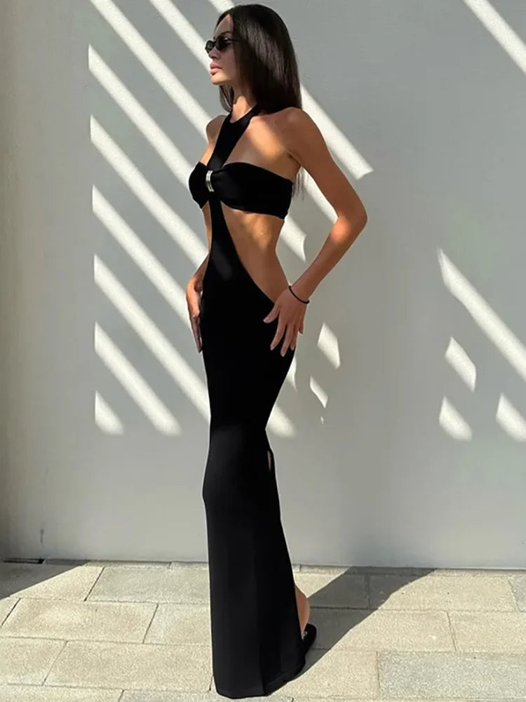 Halter Off-shoulder Sexy Maxi Dress Set Women Elegant Cut Out Sleeveless Backless Crop Top And Maxi Skirt Matching Sets