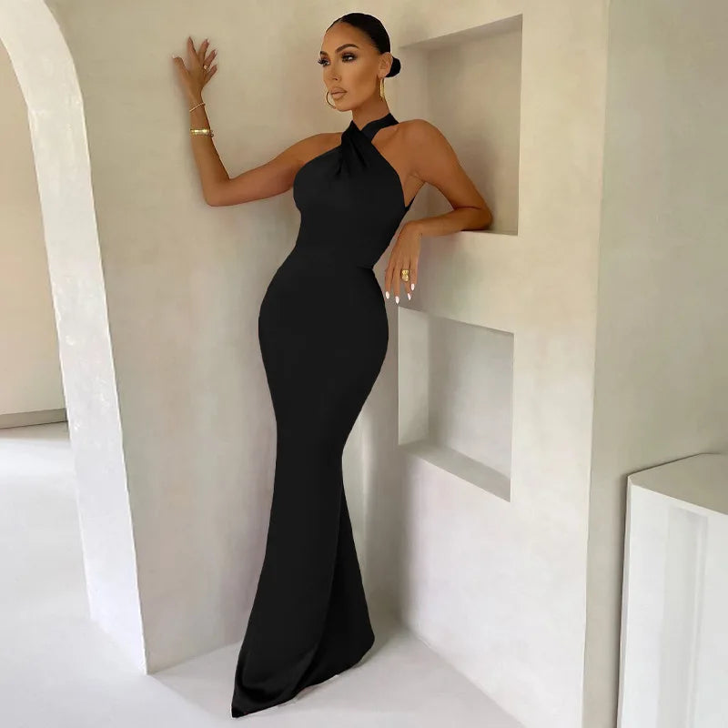 Women's Vestidos De Fiesta Elegantes Vestidos  Elegant Halter Neck Twist Front Maxi Dress  Slim Fit Evening Party Gown