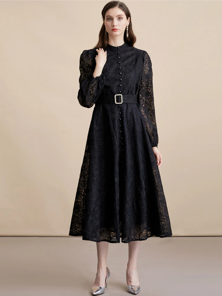 Elegant Lace embroidery Midi dress with belt Women's 2026 Spring summer Luxury Single breasted long sleeve dresses INKEO 5D271