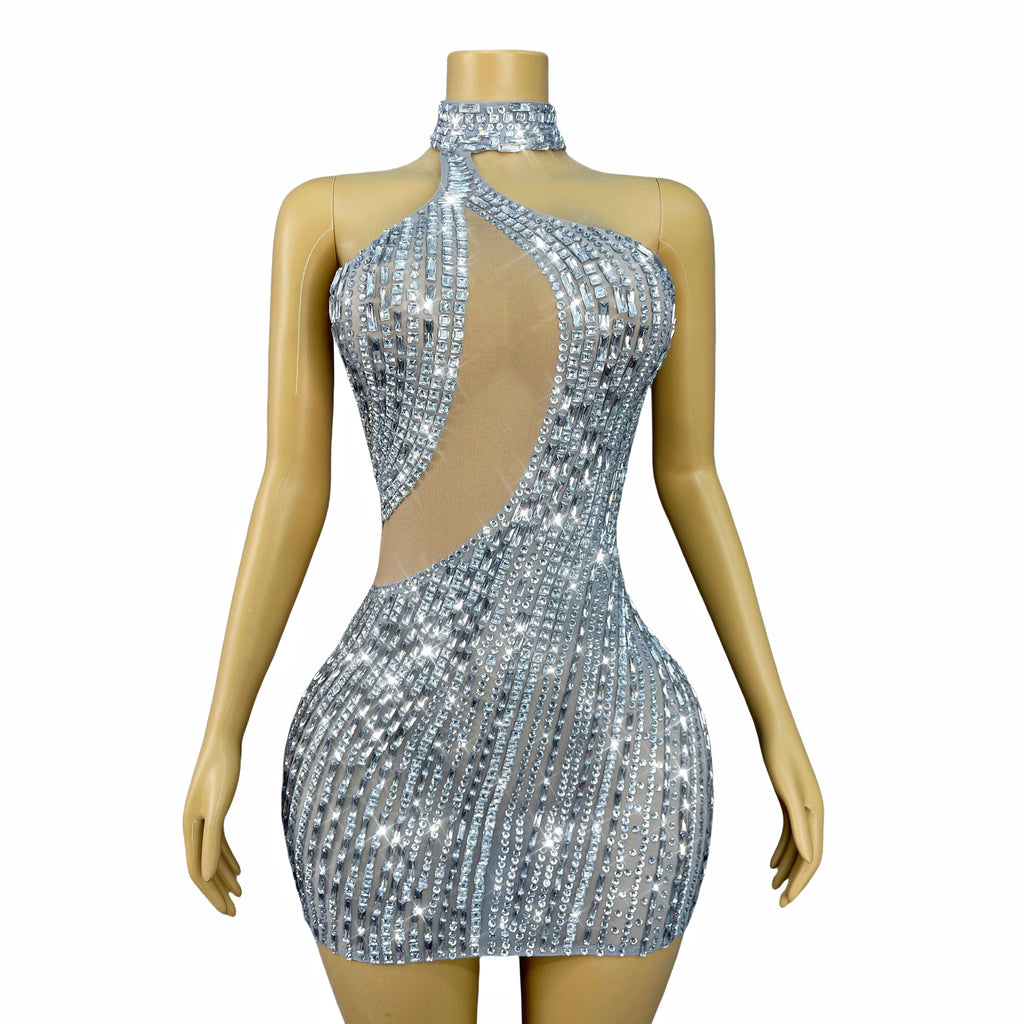 Luxurious Twinkling Silver Rhinestones Elegant Trim fit Mesh Dress Women Evening Party Celebrate Gown Show Fashion Outfit Yueya