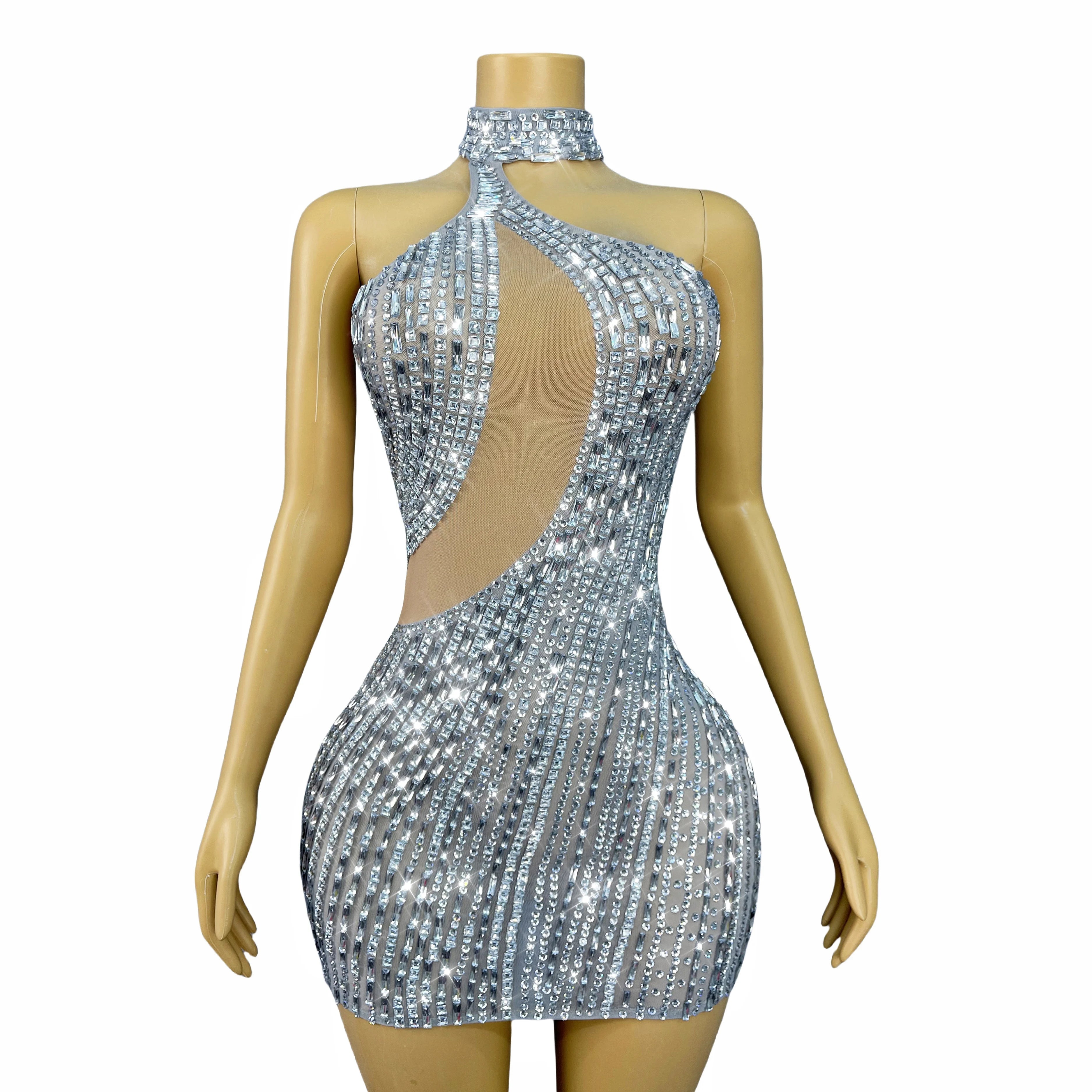 Luxurious Twinkling Silver Rhinestones Elegant Trim fit Mesh Dress Women Evening Party Celebrate Gown Show Fashion Outfit Yueya