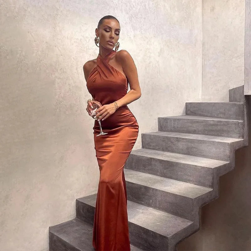 Women's Vestidos De Fiesta Elegantes Vestidos  Elegant Halter Neck Twist Front Maxi Dress  Slim Fit Evening Party Gown