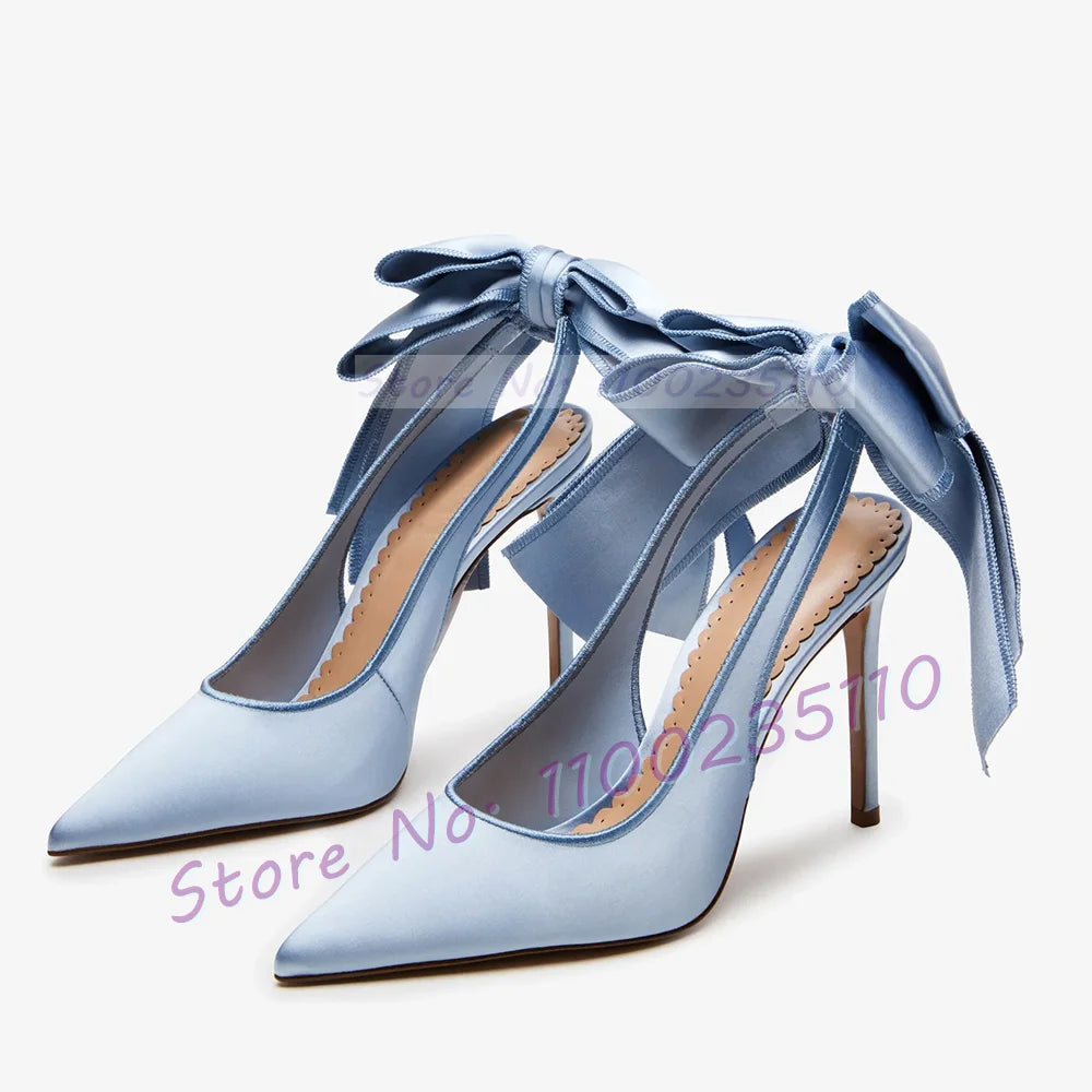 White Sleek Satin Pointed Toe Slingback Sandals Women Feminine Bow Detail Stiletto Shoes Office Lady Wedding Elegant Party Shoes