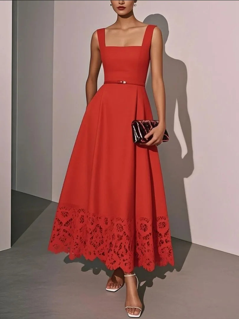 Elegant White Lace Hollow Square Neck Sleeveless A-Line Maxi Dresses, Classic Summer Flowy Long Dress for Women
