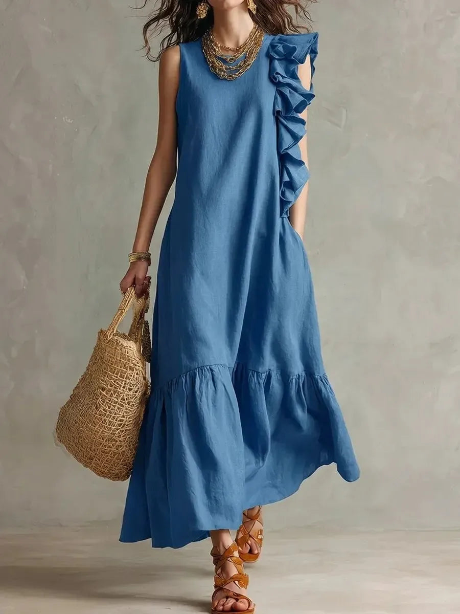 Women's Summer Irregular Ruffled Sleeveless Dress Casual Round Neck Solid Color Loose Long Dress Vestidos De Fiesta Elegantes