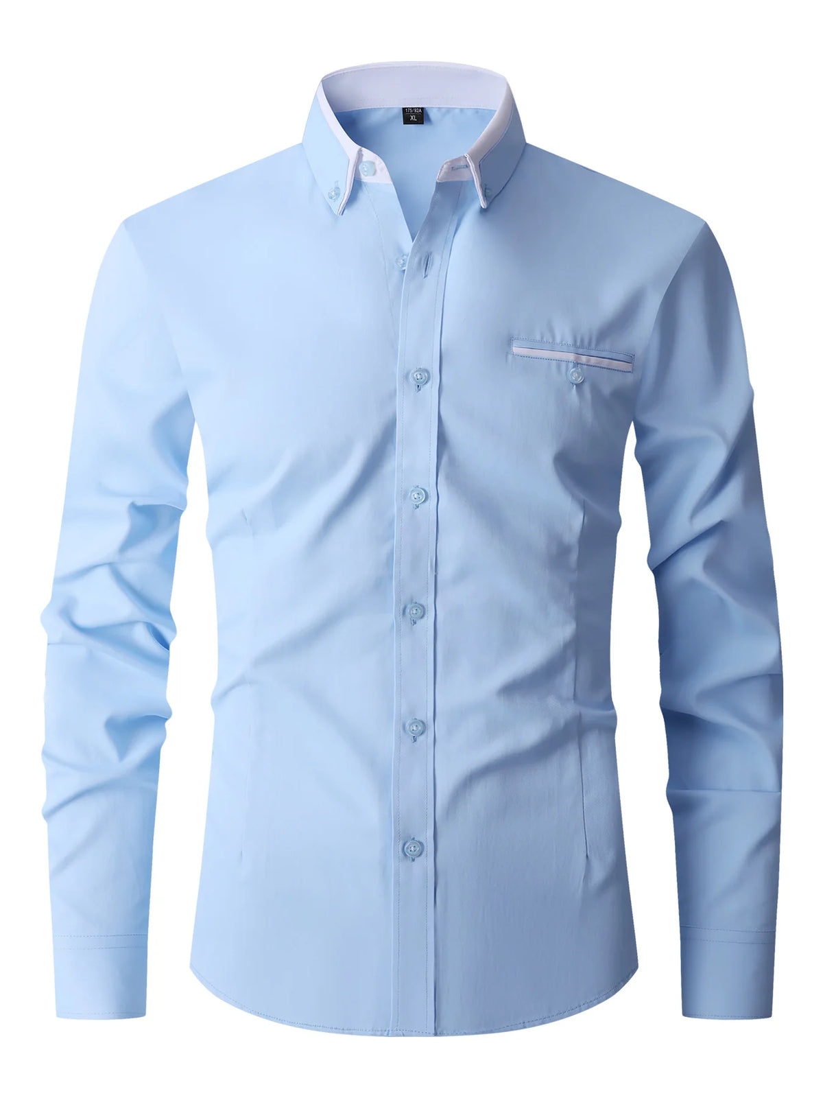 Men Formal Shirt Long Sleeve Office Solid Color Anti-Wrinkle Fashion Business Casual Social Pocket Office White Dress Shirts Man
