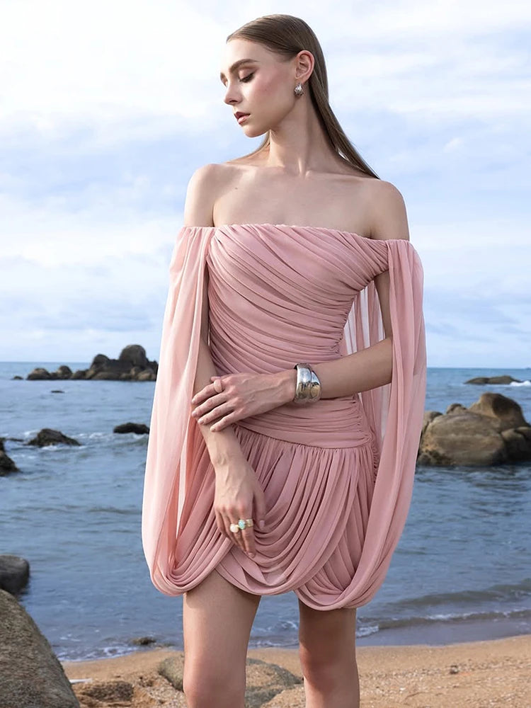 Nibber Summer New Trend Dress Women Folds Slash Neck Solid Skinny Mesh Elegant Style Birthday Party Chic Classic Mini Bodycon