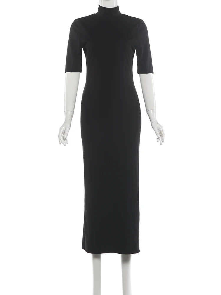 Nibber Peach Hip Elegant Gown Dress Woman Turtleneck Short Sleeve Backless High Waist Skinny Evening Prom Party Long Bodycon
