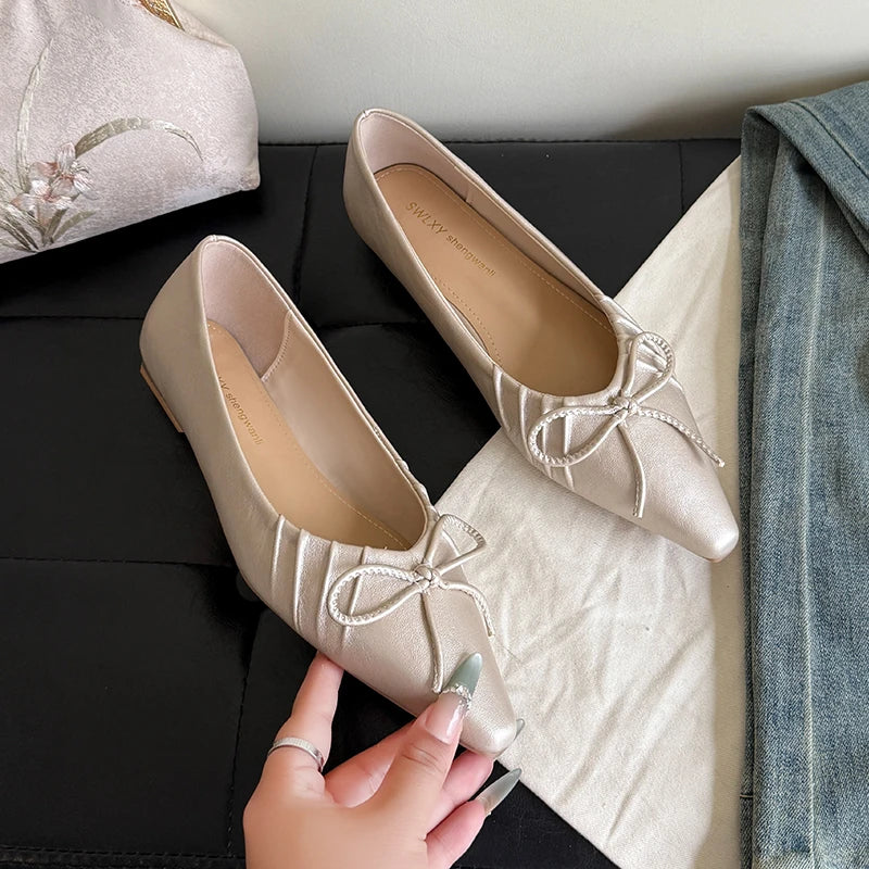 Leisure Pumps Women Basic Slip on Square Low Heels Pointed Toe Shoes Woman Solid Butterfly Knot Women Pumps Plus Size