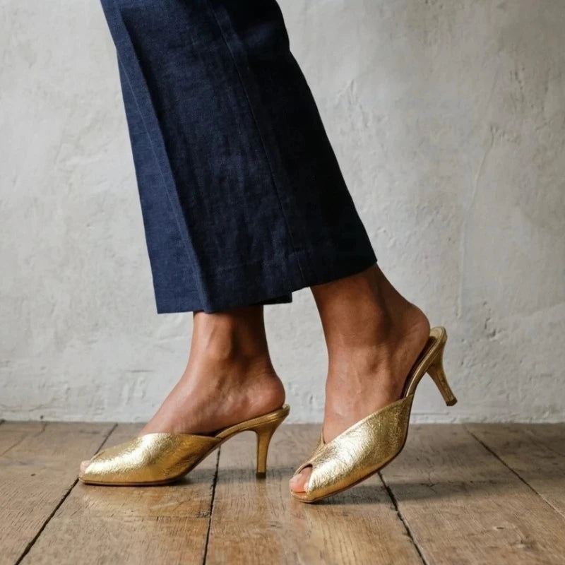 Women's Pumps Designer Gold Women Mules Sandals Luxury High Heels for Women Fashion Peep Toe Party Dress Shoe Summer Modern Shoe