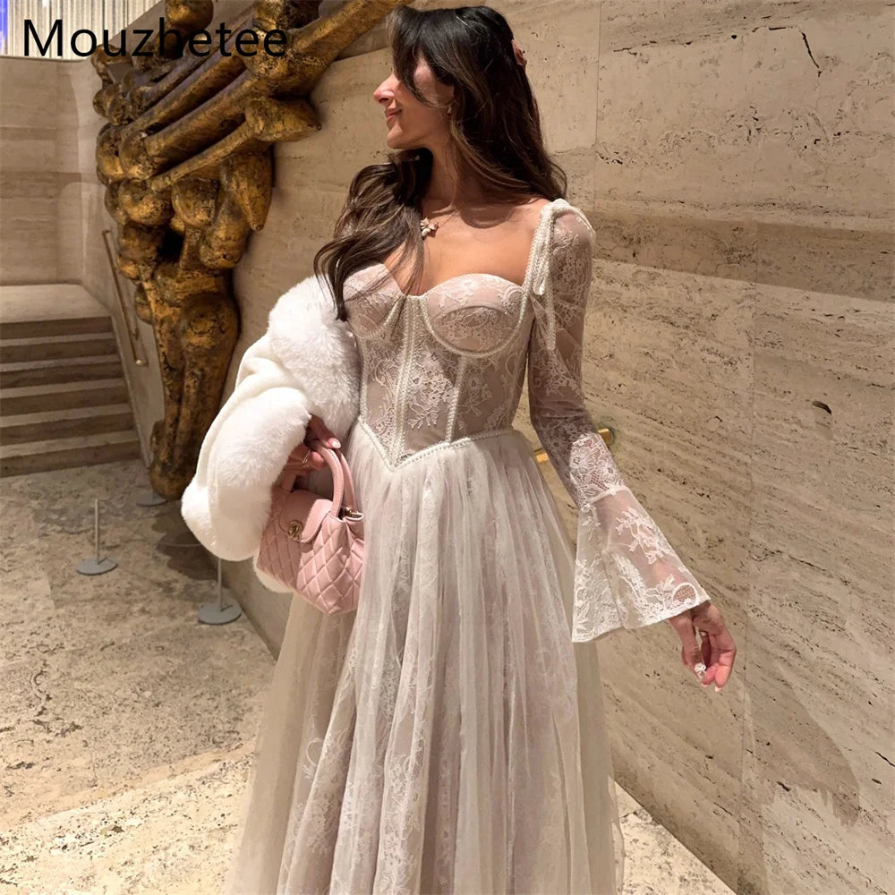 Mouzhetee A-Line Elegant Lace Tulle Wedding Dresses Long Sleeve Simple No shawl Brides Gown Custom Made 2025