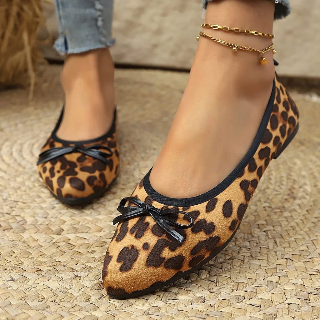 2026 Leopard Flats Women Round Toe Bowtie Work Shoes Spring Ballerines Ladies Soft Soled Loafers Roll-Up Mocasines Femme Ballets